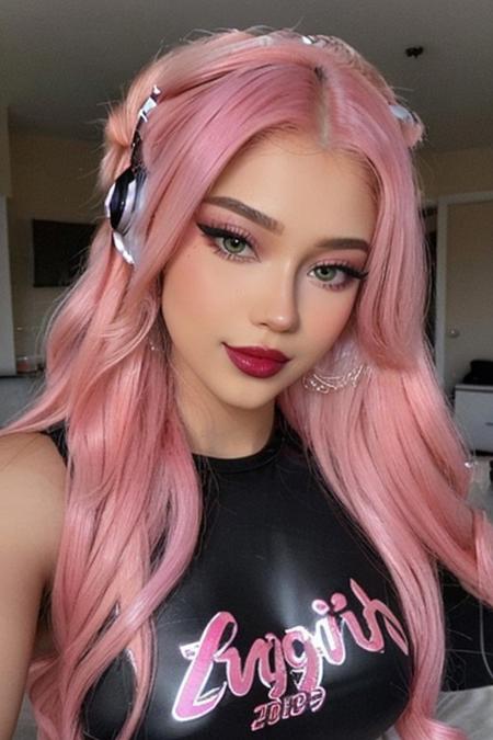 (8k, RAW photo, highest quality), highest quality, extremely detailed, professional lighting, 8k, photo of a gorgeous girl, (big lips), 18 years old, (e-girl), egirl, gamer girl, egirl fashion, (popstar), (natural beauty:1.4), kiss marks, body jewelry, blush, smile,
 (modest breasts), eyeliner, eyelashes, m3tall1c, makeup, metallic eyeshadow, (looking at viewer:1.4), (pink lipstick)
