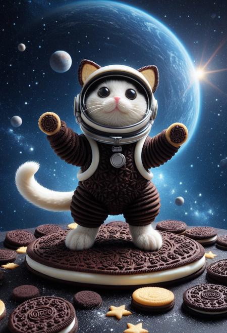 (cat made of creamy cookies), (mice made of creamy cookies), (playing duck duck goose), (zero gravity), (outer space made of creamy cookies), (colorful galaxy made of creamy cookies), (floating), (space helmets made of creamy cookies), (whimsical), (surreal), (cinematic lighting), (wide shot), (ultra detailed), (high contrast), (vibrant colors), (sharp focus), (dynamic composition), (glowing elements), (starfield made of creamy cookies background), (planets made of creamy cookies visible)