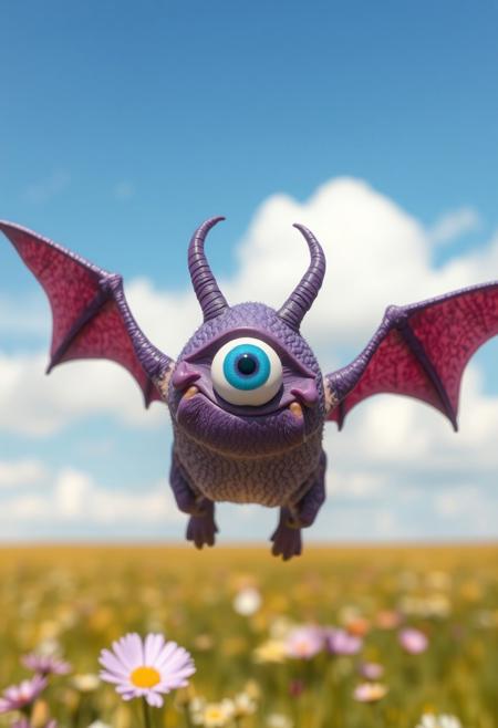 A flying purple creature with one large central eye in the middle of its forehead and a single curved horn on its head. The creature is floating in the sky with bat-like wings, textured purple skin, and a quirky expression. The scene is set in a sunny open field with flowers, with a playful yet surreal atmosphere.