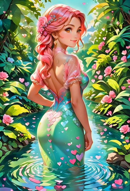 supernatural being a red crisp blouse and long skirt, smiling, standing in a botanical garden x made from candyhearts, YOU, facing away looking back over the shoulder, a small pond behind, angled slightly to the side. Her warm, hazel eyes sparkle with curiosity, lips slightly parted in a soft, knowing smile, detailed background, light reflecting from candles Painterly brushstrokes blend soft pastels and rich textures, creating a dreamy, nostalgic atmosphere. Full body view. natural eyes, (anatomically correct:1.5),