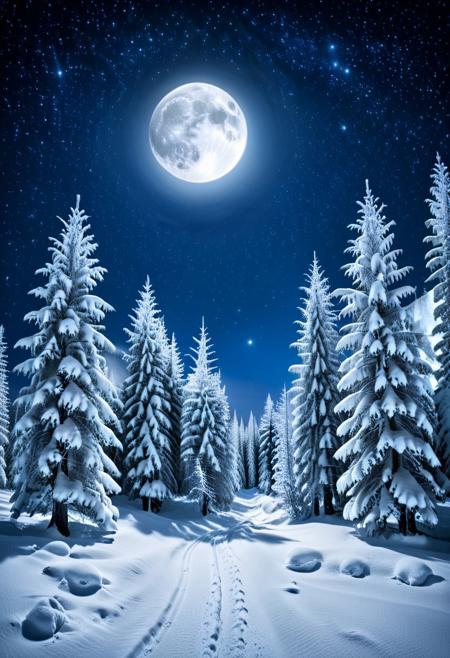Majestic taiga covered with pristine snow, serene night landscape, countless bright stars twinkling in the clear sky, glowing full moon casting gentle light on the trees, atmospheric depth and tranquility