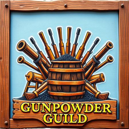 medieval colored sign, wooden sign advertising gunpowder guild, in the center is a barrel of black gunpowder, medieval cannons and muskets stick out like a fan from behind the barrel, unrealistic style, medieval painting of the 16th century, logo,
