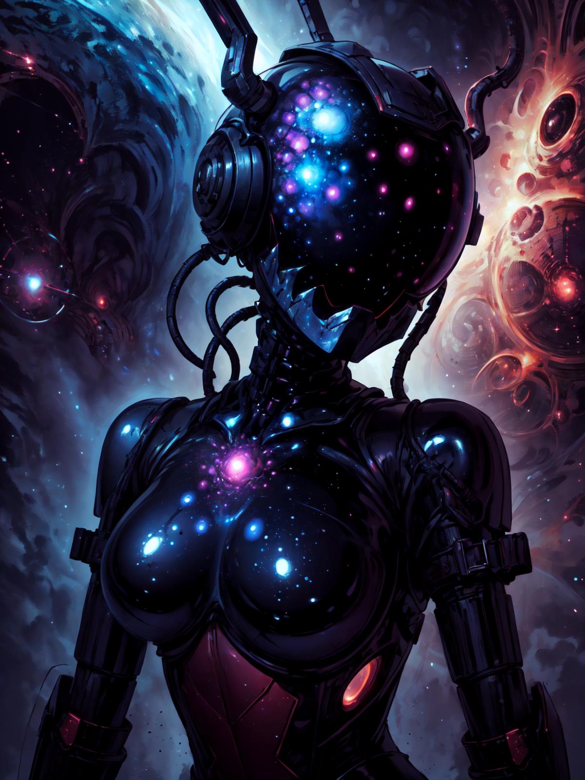 A robotic woman with a purple star on her chest and a headset on her head.