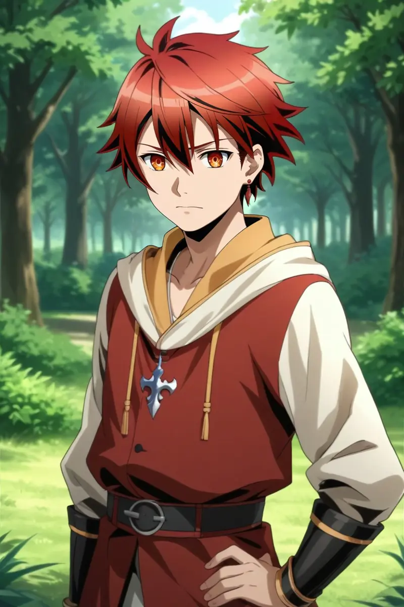 A young man with red hair and eyes standing in a green forest clearing. He is dressed in a red and white outfit, complete with a hood, and an amulet hanging on his chest. 