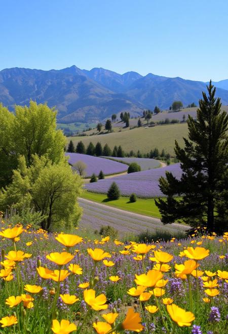 Landscape with Trees and Flowers in the style of David Hockney, Landscape in the style of Charles Haughey, California Landscape, Yellow Poppies in the Foreground, Mountains in the Background, Sunny Day, Blue Sky, Hills of Purple Wildflowers
