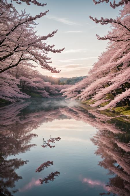 serene lake surrounded by cherry blossom trees in full bloom, soft pink petals floating on the calm water, mist rising gently over the surface, glowing golden hour sunlight, reflections of pink trees in the water, tranquil and dreamy atmosphere, cinematic landscape photography, ultra high resolution
