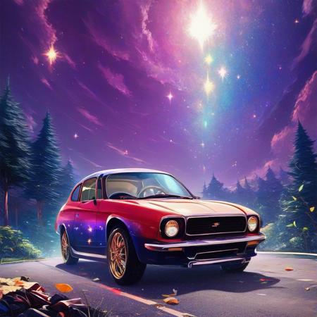 galaxystyle,  car made out of countless galaxy, hyper detail, masterpiece, score_10, randshadscree, anime drawing style, anime movie, driving at high speed,countless galaxy,yellow,  sports car made out of galaxy, bright blue and yellow energized sport car, score_9, score_8_up, score_7_up, score_6_up, shiny, driving, shiny, cloudy forest, Made of fluffy clouds, clutter, trash,