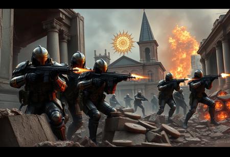 Armored warriors positioned in urban battlefield, holding their ground amid the crumbling cityscape.
Sun insignia armor gleaming, blending Victorian craftsmanship and modern combat tech.
Team wields rifles and machine guns, firing from behind barricades, concrete, and debris.
Church of the Blazing Sun looms in the background, sacred symbol glowing amid the chaos and flames.
Coordinated defensive maneuvers, firing strategically against advancing enemies.
Heavy gunfire echoes through the war-torn streets, maintaining a firm hold on their position.
Smoke and ash hang over the battlefield, casting long shadows over the defenders.
Rifles trained, enemy soldiers closing in, yet the warriors stand their ground.
Barricaded near the church, tactical movements keep enemies at bay.
Sacred architecture threatened, but the warriors fight to the last, honoring their duty to protect the Church of the Blazing Sun.
Sunburst and radiant symbols mark their armor and weapons, representing their devotion.
Flashing muzzle fire, bursts of machine gun fire from behind shattered columns.
Urban warfare, a mix of tactical defense and unwavering faith.