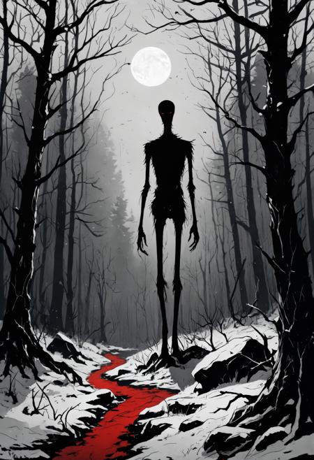 Ink illustration, black-and-white with aged red tones, tall slender man, ominous silhouette, a dense forest scene at midnight, moonlight, with a snow-covered path. Darkness. Stark contrast, sharp shadows on trees, fog creeping over cracked rocks. Shadowy, oppressive atmosphere with chilling silence. Heavy, sinister presence, red eyes, with surreal and inkpunk detailing on aged black-and-red paper