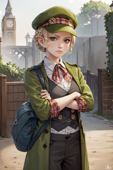 (masterpiece, best quality:1.2), <lora:gaa_lestrade-10:0.7>, cowboy shot, solo, 1girl, gina lestrade, unamused, closed mouth, looking at viewer, crossed arms, short hair, braid, green headwear, green coat, shoulder bag, London, cobblestone road