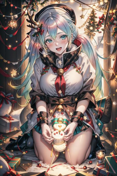 1girl, antlers, multicolored hair, multicolored eyes,  aqua eyes, bell, blue eyes, blush, box, breasts, cake, candle, candlelight, candy cane, christmas, christmas lights, christmas ornaments, christmas tree, fake antlers, fireplace, fireworks, food, fur-trimmed headwear, fur trim, gift, gift box, glint, hat, hatsune miku, holding sack, holly, kneeling, long hair, looking at viewer, medium breasts, merry christmas, open mouth, ornament, pleated skirt, reindeer antlers, reindeer costume, sack, santa costume, santa hat, skirt, smile, snowflakes, solo, twintails, very long hair, white shirt, wreath, <lora:Cupitan:1>