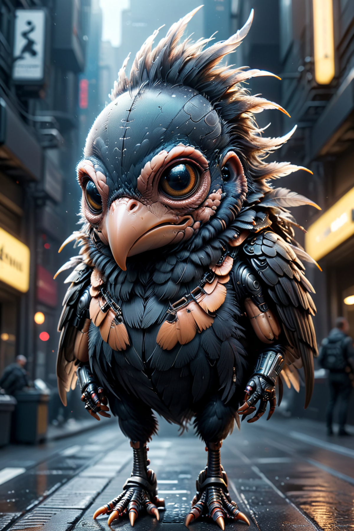 A giant robotic owl is standing on a street in a city, attracting attention with its unusual appearance.
