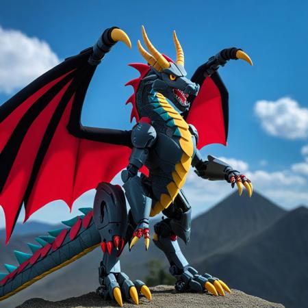 novuschroma51 style, claymation, no humans, clay dragon , mountain background, colored wings, claws, solo, open mouth, tail, red eyes, sharp teeth, teeth, monster, robot, full body, non-humanoid robot, horns, mecha, flying, tongue, from side, creature, fangs, science fiction, glowing, wings, spikes, yellow eyes, cd's scales, gem, looking at viewer, clay armor, Tokio background, Tokio, mountain