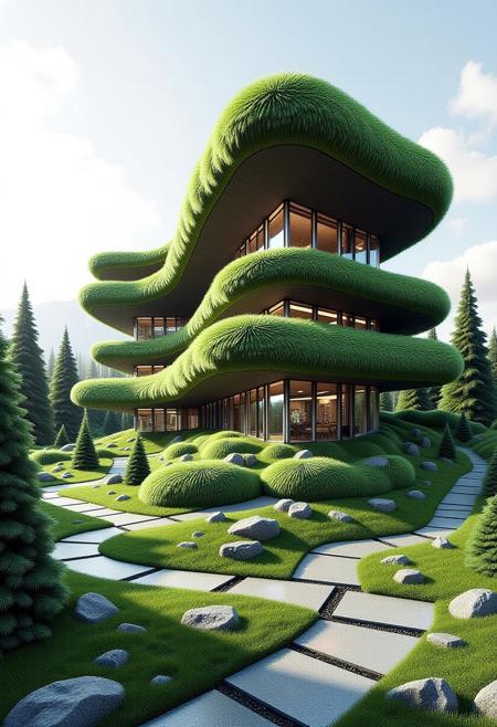 A vibrant, imaginative architectural masterpiece building made out of fir needles. The building flows with fluid lines and unexpected angles, creating a sense of movement and energy.
Incorporate large, open spaces filled with natural light. The exterior should be a striking visual statement, blending fir needles greenery with sleek, modern metal and glass surfaces, giving the impression that the building is alive and growing.
The overall design should be a breathtaking blend of art and architecture, where every detail serves both aesthetic and functional purposes in a fir needle style
