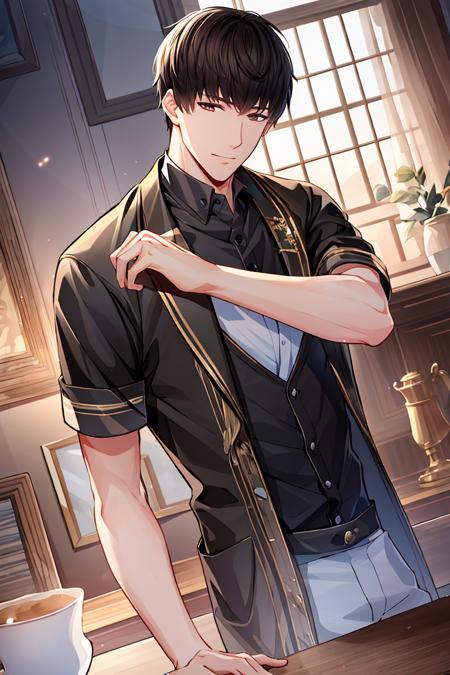 ((high_quality, distinct_image)), masterpiece, extremely_detailed_CG, overexposure, illustration, 1boy, solo focus, short hair, xumo, looking at viewer, handsome, beautiful_detailed_hair, indoors, light smile, dynamic_pose, (full_body)