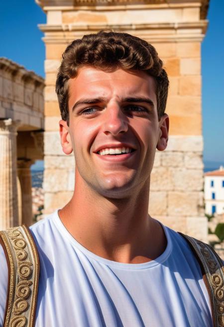 portrait of a 18 year old Roman boy, short height, wearing greek clothes, amused expression, greek architecture in the background