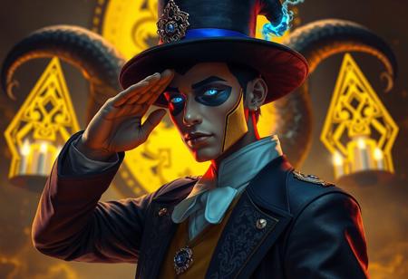 "Create a high-definition, lifelike image of a magician of Black Chaos, incorporating the golden ratio and a dark magic ritual background with a cyclops. The magician should be saluting, with a yellow magic theme and blue accents. Presented in a headshot, half-figure perspective, the magician should be in full uniform with a mono-yellow color scheme and a serpentine pose. The final product should be suitable for use as an app icon, with intricate details and trending on ArtStation, available as a wallpaper with the resolution of