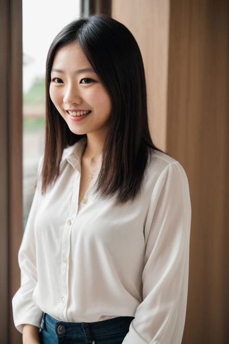 <lora:ATKKatja:0.8>, full color portrait of a Asian woman, wearing a blouse, shy smile, natural light, RAW photo, subject, 8k uhd, dslr, soft lighting, high quality, film grain, Fujifilm XT3