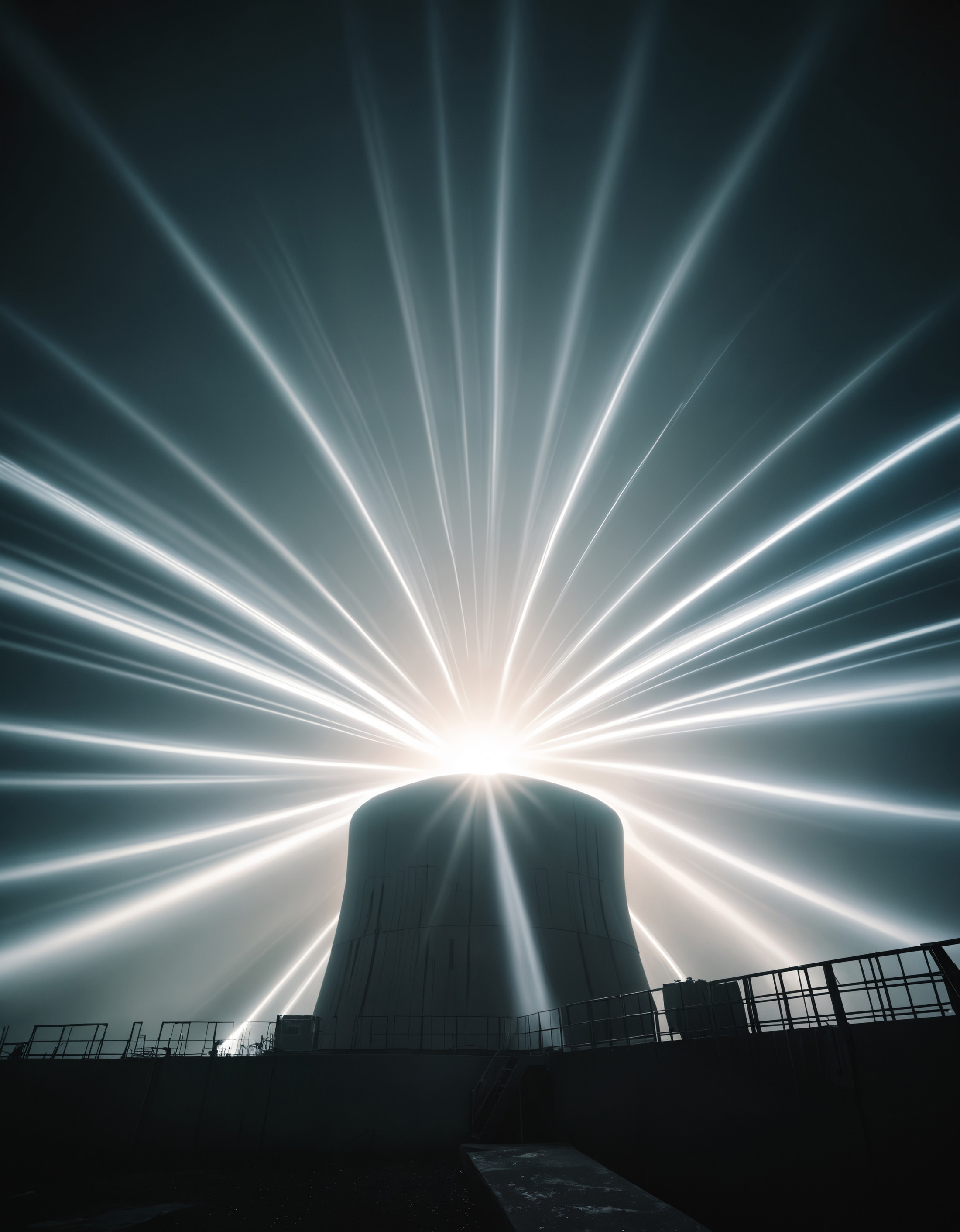 award winning photo of an nuclear criticality shooting rays of incredibly bright light in a nuclear reactor, Cherenkov rad...