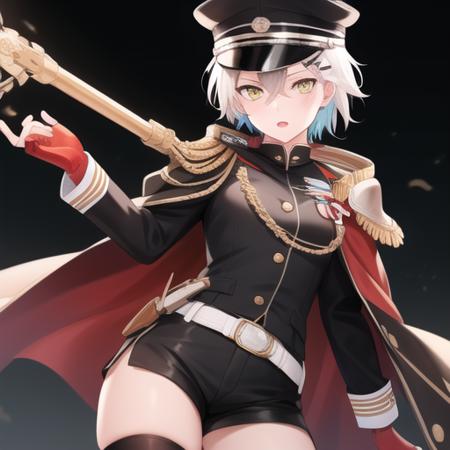 (masterpiece, best quality:1.2),illustration,8k,hd,1girl,solo,cowboy shot,kinu (azur lane),bangs,belt,black cape,black footwear,black headwear,black jacket,black thighhighs,black shorts,cape,fingerless gloves,gloves,hair between eyes,hair ornament,hat,jacket,medium hair,military hat,military uniform,multicolored cape,multicolored clothes,red cape,red gloves,rudder footwear,shorts,shoulder armor,sode,yellow eyes,<lora:Kinu(azur)>,