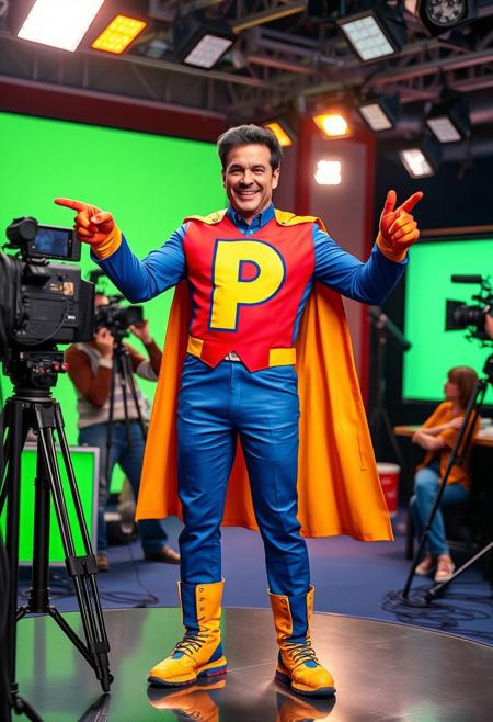 Posaman, played by Italian actor and comedian Lillo, stands on the lively set of a TV commercial, fully suited up in a humorous, over-the-top superhero costume. The costume features a bold color scheme—bright reds, blues, and yellows—designed to grab attention, with a huge, oversized letter ‘P’ emblazoned proudly on the chest. The ‘P’ is designed in a playful font, symbolizing Posaman’s exaggerated heroism. His outfit includes a tight-fitting suit, a flowing cape, clunky boots, and oversized gloves, all adding to the intentionally low-budget, comedic feel of the character.
On the TV set, surrounded by bright studio lights, cameras, and a bustling crew, Posaman strikes exaggerated poses—arms crossed, pointing dramatically into the distance, or flexing muscles in an awkward, comical way. His expressions shift between serious heroism and playful absurdity, showing Lillo’s unique blend of charm and humor. The background features green screens and props for the commercial, creating an authentic behind-the-scenes atmosphere while Posaman remains the quirky, hilarious center of attention. The combination of a realistic TV commercial set and Posaman’s exaggerated costume and poses make for a humorous, yet visually striking scene