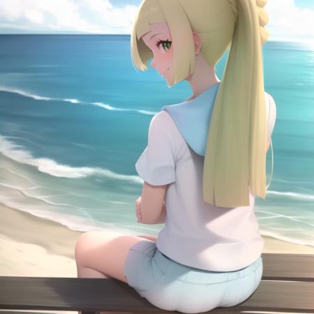 <lora:character_pokemon_lillie_v5:1> lillie \(pokemon\), beach, ocean, 1girl, solo, sitting, legs together, from behind, from side, from above, looking at viewer, looking back, green eyes, smile, closed mouth, ponytail, shirt, skirt,