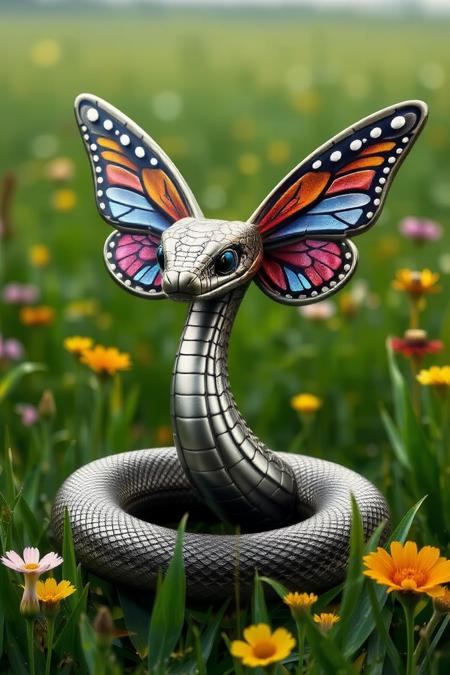 A metal snake with butterfly wings on a lush meadow. High grass, colorful flowers, surreal,