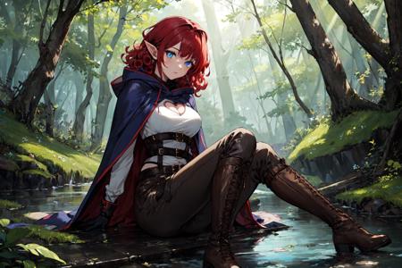 masterpiece, best quality, detailed face, detailed eyes, 1girl, (red hair, medium hair, curly hair, blue eyes,) green cloak, (hood down,) leather belt, leather gloves, large breasts, (sweater:0.8), heart cutout, long sleeves, (leather armor), sleeves past wrists, quiver, pants, knee boots, lace-up boots, pointy ears, (torn pants:0.8), brown footwear, forest, outdoors, river, sunbeam,