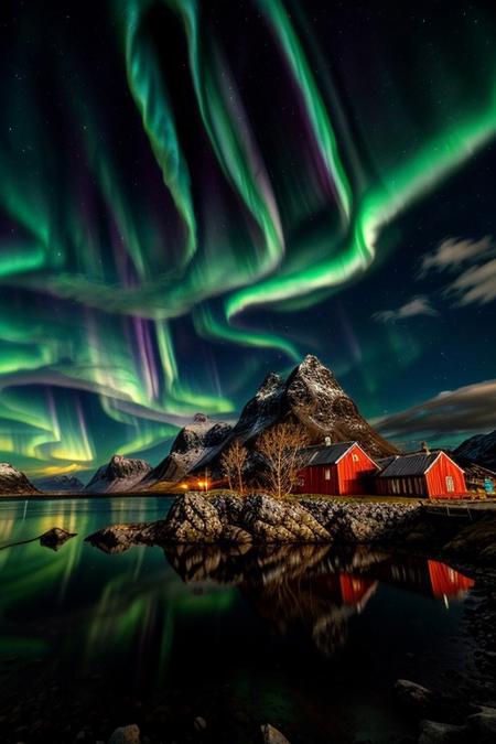 Stunning Aurora Borealis over Lofoten Islands coastline, vibrant colors, dramatic sky, high detail, landscape photography, breathtaking scenery, cinematic lighting, hyper-realistic, 8k resolution, beautiful reflection on water, nature photography, by Ansel Adams and Art Wolfe