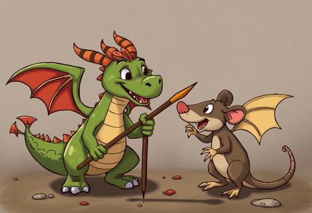 cartoon dragon holds a spear and  talks to a  cartoon rat