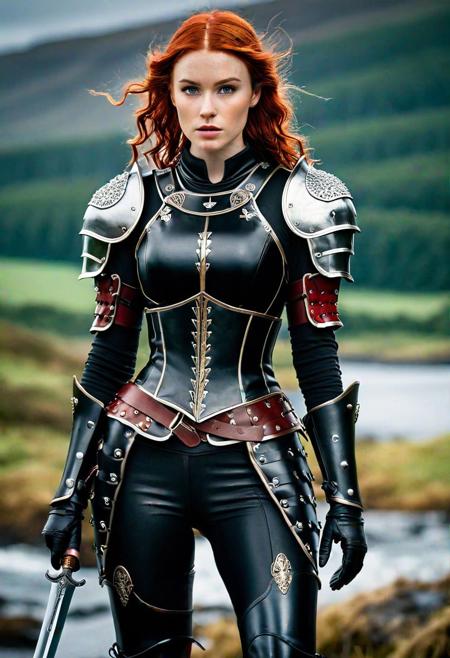 (((Hyper detailed Photography))), (((Cinematic))), Movie Still, Irish epic girl warrior with red wavy hair, innocent, skin detail, ((red and black)) steel and leather armor, knee high boots