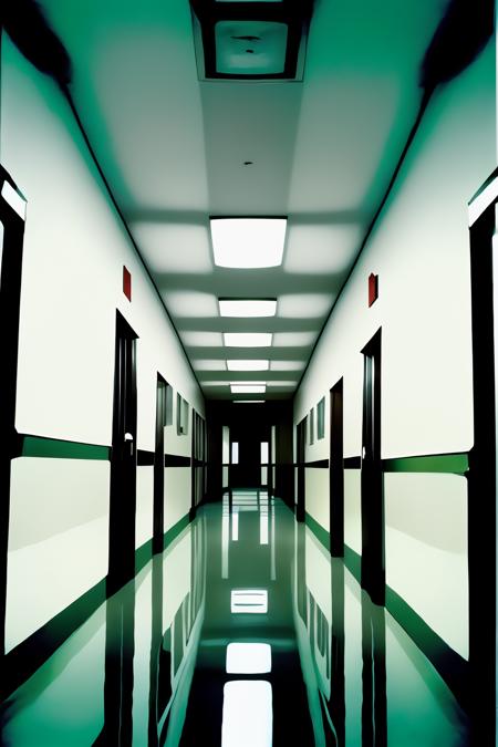 The mirrored corridors of a surreal hospital, infinite reflections, polished surfaces, echoing footsteps. , ronnie_rocket