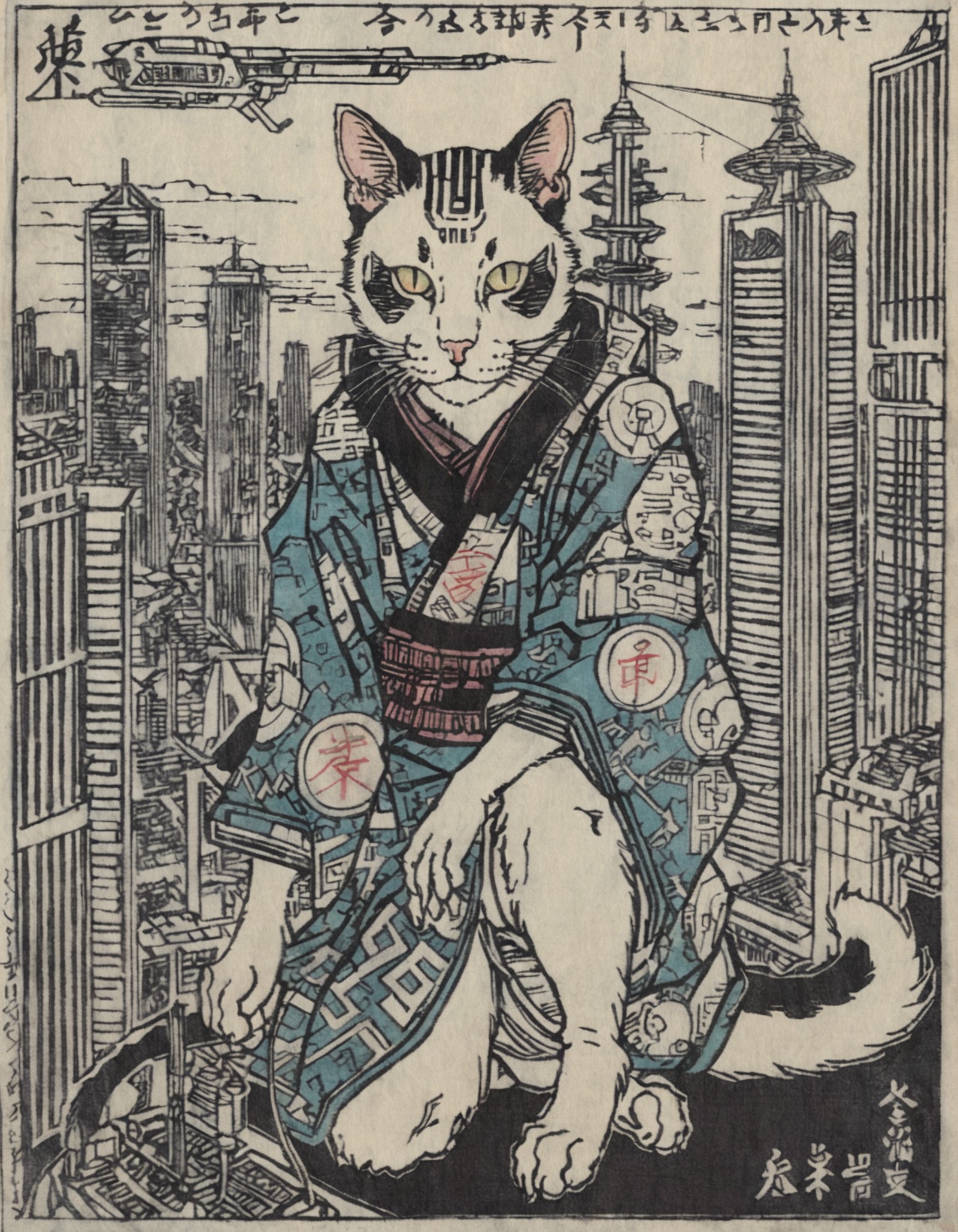 ink Ukiyo-e of an cyberpunk cat in a futuristic city