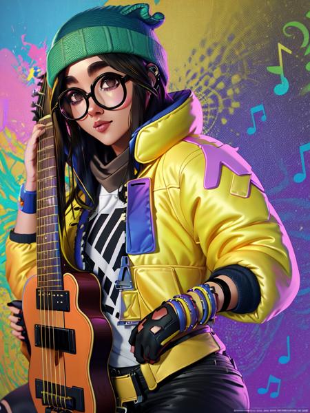 A realistic portrait of a kljy playing a guitar, yellow jacket, surrounded by swirling, colorful music notes in the background, glasses,  in the art style of artists called "Esao Andrews", "Stanley Mouse", and "Dan Mumford