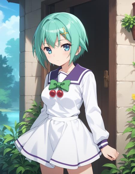 nine_violet, short hair, blue eyes, green hair, aqua eyes, medium breasts, aqua hair, hair ornament underboob, shorts, midriff, purple thighhighs, white white shorts, navel, boots, short shorts, gloves,  maid headdress, maid, apron school uniform, white dress, green bow, serafuku, ribbon, pantyhose