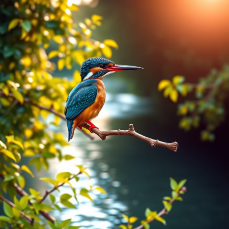A vibrant kingfisher perched gracefully on a delicate branch, its iridescent plumage gleaming with shades of electric blue and fiery orange under the warm glow of the golden afternoon sun. The serene river below reflects the rippling water, surrounded by lush green foliage that sways gently in a light breeze, creating a tranquil paradise. The mood is peaceful and idyllic, evoking a sense of harmony with nature. Soft dappled light filters through the leaves, painting the scene with a warm, inviting palette. The artistic style is hyper-realistic, capturing the intricate details of the bird's feathers and the serene beauty of the aquatic environment,  <lora:cmbqo3pks02vbjk15agreo1ce:1> Kingfisher,