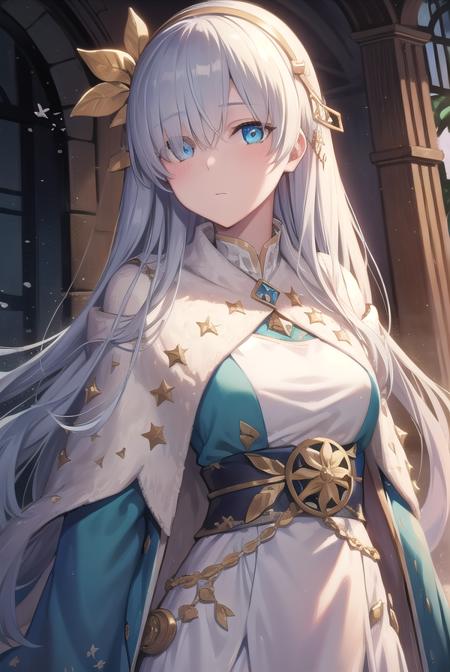 anastasia, blue eyes, grey hair, hair between eyes, (hair over one eye:1.5), long hair, bangs, blue cloak, brown hairband, cloak, dress, fur trim, hairband, royal robe, sash, tachi-e, white dress, wide sleeves,