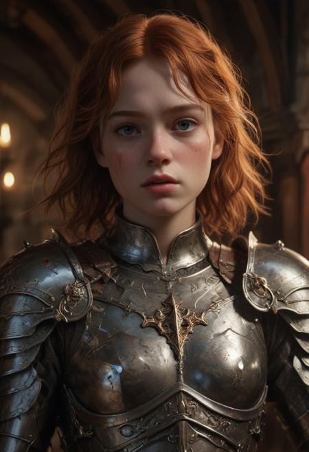 High resolution ultra-realistic of Beautiful Warrior Sadie Sink as Joan of Arc, 8k, capturing the intensity of the moment, cinematic lighting, standing on a bloody and stormy battlefield in bloody battle, wavy black hair, realistic dirty pale face, realistic brown eyes,  beautiful hourglass figure, burning in a medieval Town, intricately designed iron and silver armor, Dark Ages Aesthetic, perfect athletic figure, beautiful Warrior Joan of Arc, fire, ultra realistic, cinematic style, vigorous and seductive, athletic figure, dark fantasy, dramatic lighting, wet and sweaty skin, dirty skin, athletic figure, dark fantasy, dramatic lighting, Greg Rutkowski style,, Warrior Joan of Arc on in iron armor, hyper-detailed, hyper-realistic, bright colours, Attractive 21 old years girl, Attractive, beautiful firm Breasts, sharp focus, digital painting, Photograph Taken on Nikon D750, Alphonse Mucha, 8K, athletic figure, Hyperdetailed, hyperrealism, Attractive, Attractive bust girl, asymmetric balance