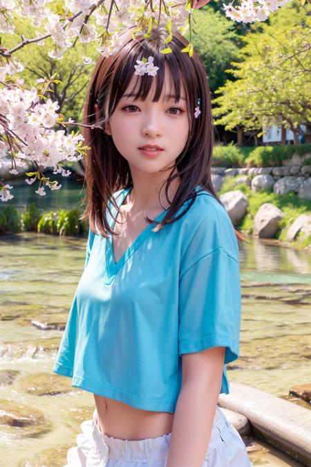 (4k, best quality), (realistic, photo-realistic),(vgirl),
1girl, solo,close-up, upper body, 
looking_at_viewer,smile,
 blue shirt, 
blurry_background,
river, sunny,cherry blossoms, blue sky <lora:vgirl_v10:0.7>