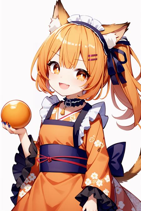 1girl, animal ears, solo, frills, cat ears, orange kimono, bell, apron, japanese clothes, bowl, orange hair, long hair, tail, smile, holding, wide sleeves, looking at viewer, wa maid, frilled apron, kimono, open mouth, cat tail, hair ornament, jingle bell, maid headdress, :d, rice bowl, bangs, white apron, holding bowl, choker, orange eyes, long sleeves, neck bell, red kimono, rice, jewelry, maid apron, shamoji, cat girl, ribbon, animal ear fluff, food, orange nails, fang, floral print, black choker, hair ribbon, blush, hairclip, frilled kimono, cowboy shot, hairband, v-shaped eyebrows, side ponytail, frilled hairband, striped, fish hair ornament, nail polish, collar, orange ribbon, red nails