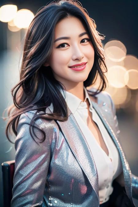 (8k, best quality, masterpiece:1.2), (realistic, photo-realistic:1.37), upper body, (nose blush), (smile:1.15), looking at viewer, (grey suit),beautiful detailed eyes,night, floating hair,1girl,  <lora:zhuzhu:0.8>