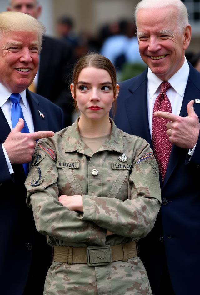 A woman in a modern Air Force combat uniform stands confidently between Donald Trump and Joe Biden. She folds her arms across her chest, radiating calm authority. The uniform, in camouflage patterns, includes a tactical belt and patches on her sleeves, with her hair neatly tucked under a cap, adding to the no-nonsense vibe. On either side, Trump and Biden strike playful finger-gun poses, creating an amusing contrast to her composed demeanor. Trump, dressed in his signature navy suit and red tie, flashes a mischievous grin, while Biden, wearing a dark suit with a blue tie, offers a warm smile. The surreal combination of the serious military presence and playful political gestures gives the scene a quirky charm. In the background, a hint of a public space or event setting adds subtle depth, but the trio remains the center of attention.