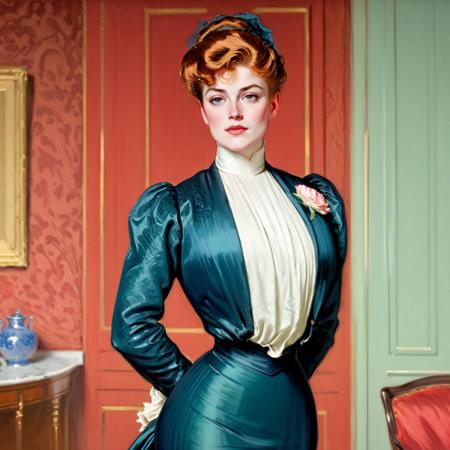 1boy, 1girl, masterpiece, 4k, uhd, dynamic action, (Women are tall with good posture. Women have an arched back and small ass,  women are haughty, women are elegant, women are superior, women are beautiful with high and prominent cheekbones, women have beautiful natural warm skin tones and long and luxuriant (blonde:auburn:0.3) hair, Women are slim with massive breasts. Women wear fitted Edwardian jacket  dresses and narrow skirts. Women are hale and hearty and mirthful.   Women have full lips and a slight sneer,:0.9) Men are tiny and short, men are sniveling and nervous, men have short hair and timid expressions. The scene is moody, (the dominant color being the bright red color of the woman's lips:0.7). an oil painting by Charles Dana Gibson. (An elegantly dressed, very tall and haughty young Gibson Girl in a palatial room:1.3) <lora:hand 4:1>hand  <lora:Gibson_XL:0.5> by g1bs0n <lora:Belle_Epoque_Dresses_1880-1914_XL:0.9> frilly silk and rich brocade 1900_dr3ss <lora:officialpit_style_xl_ilff:0.3> big breasts, dark-skinned male, interracial, female focus, high heels