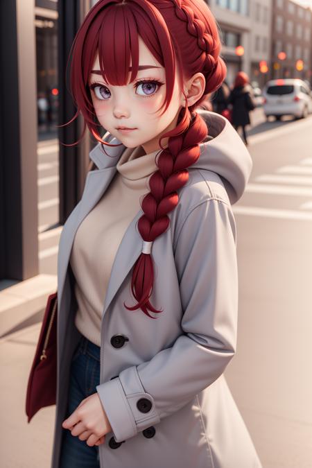 1girl, cute , :|,  Coat, silver eyes, red hair, side braid