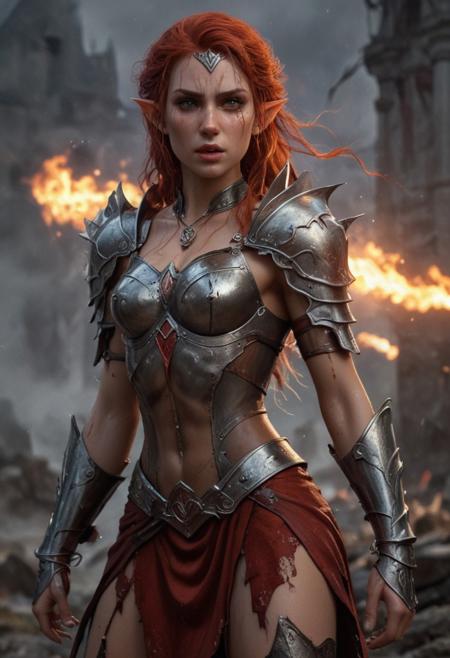 High resolution ultra-realistic of Beautiful Warrior Elf girl, 8k, capturing the intensity of the moment, cinematic lighting, standing on a bloody and stormy battlefield in bloody battle, wavy red hair, realistic dirty pale face, realistic dark brown eyes,  beautiful hourglass figure, burning in a medieval Town, intricately designed iron and silver armor, red mini skirt, LOTR Aesthetic, perfect athletic figure, beautiful Warrior elf girl, fire, ultra realistic, cinematic style, vigorous and seductive, athletic figure, dark fantasy, dramatic lighting, wet and sweaty skin, dirty skin, athletic figure, dark fantasy, dramatic lighting, Greg Rutkowski style,, Warrior Elf girl on in iron armor, hyper-detailed, hyper-realistic, bright colours, Attractive 21 old years girl, Attractive, beautiful firm Breasts, sharp focus, digital painting, Photograph Taken on Nikon D750, Alphonse Mucha, 8K, athletic figure, Hyperdetailed, hyperrealism, Attractive, Attractive bust girl, asymmetric balance