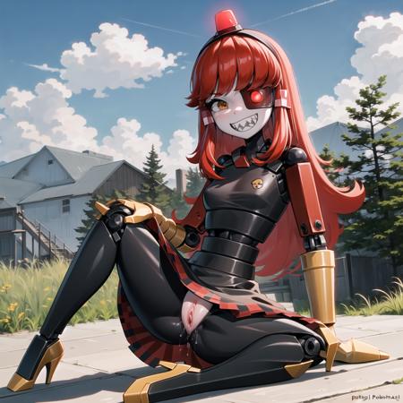 a beautiful and detailed portrait of mimi, ((robot)),red hair,((pussy)), robot joints, eye patch, sharp teeth, smile, ((clenched teeth)),solo,skirt, outside, clouds, wooden buildngs, sitting, legs spread,small breasts,pussy juice,heels
 <lora:mimi v1.1:1>