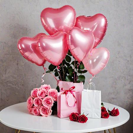 several heart-shaped balloons, a gift bag and a bouquet of pink roses on a table. Very realistic photography