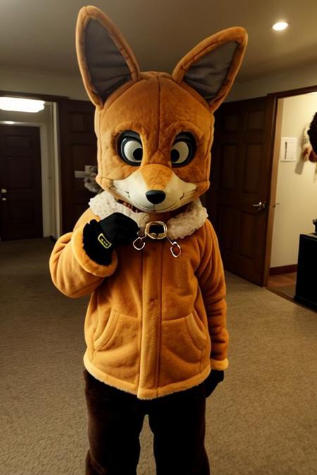 furry, wolf, big eyes, fur collar, paw gloves, large tail, animal collar, fluffy, curvy, chuchumy, (red fur, orange fur, yellow fur:0.5), solo, no humans, looking at viewer, cuteg, fursuit, Fursona, (simple black background:0.3), big ears