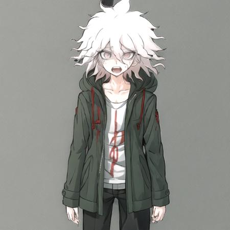 danganronpaNagitoKomaeda, solo, 1boy, 20 years old, looking at viewer, scared, open mouth, bangs, simple background, shirt, long sleeves, hair between eyes, standing, collarbone, jacket, full body, white shirt, white hair, grey hair, male focus, open clothes, shoes, teeth, pants, hood, medium hair, open jacket, coat, grey eyes, upper teeth only, brown footwear, black pants, trembling, hood down, black background, messy hair, green jacket, print shirt, green coat, komaeda nagito <lora:danganronpaNagitoKomaeda:0.7>