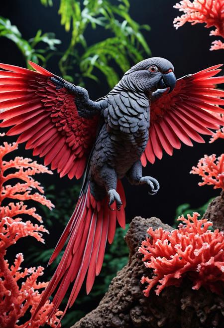 , a charming parrot (made of out coral) folding his wings, jungle, limited dark color palette, vividly detailed, microscopically detailed, (professional photo but beautiful:1.3), hyper realistic and highly, (best quality:1.5), highres, dramatic light, by Steve McCurry, by Rembrandt, (by Kerby Rosanes:1.4),, epiCPhoto